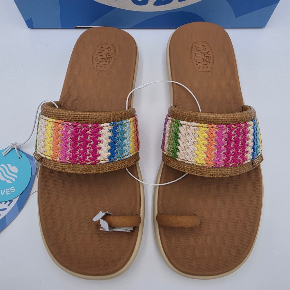 Hey Dude Maui Breeze Toe Loop Sandals Tan Multi Rainbow Woven Slides Size 8, NWB - Picture 2 of 10